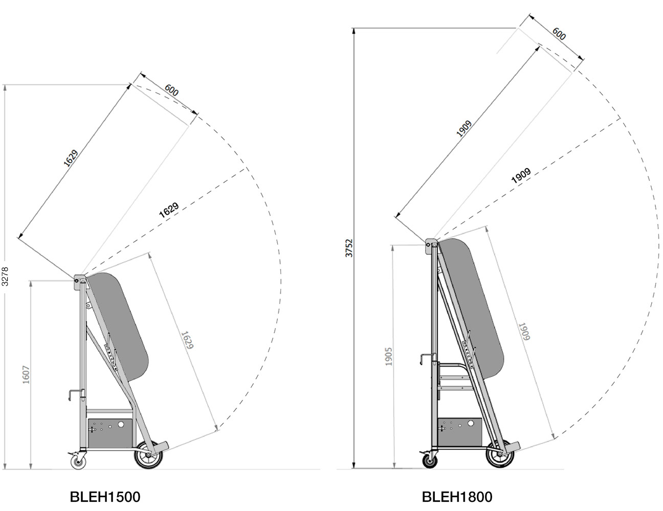 The lifting height and swept radius of the Liftmaster Rugged bin lifter